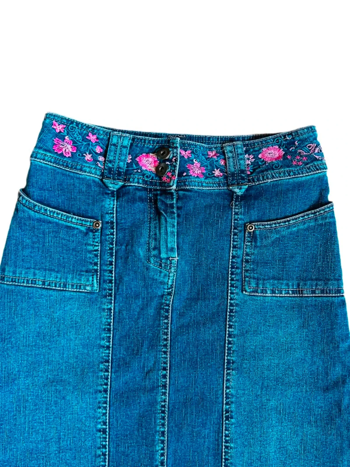 🦋Jupe en jean brodée vintage 2000 Y2K boho folk hippie cottage floral embroidery denim skirt 34/36🌸 – photo 19